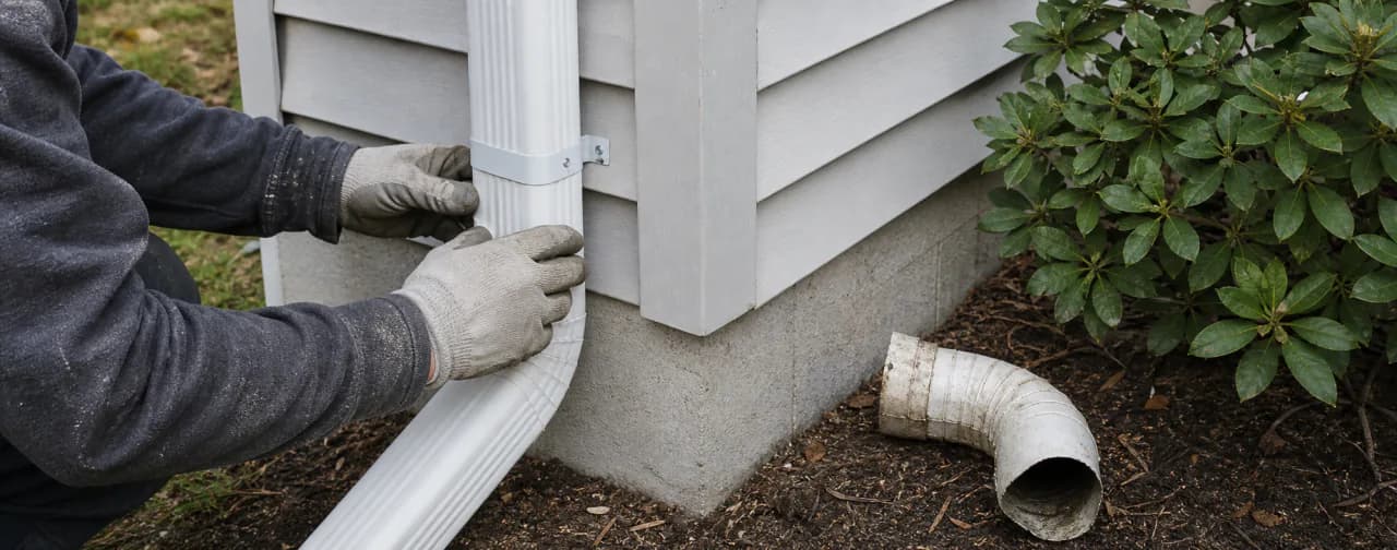 Technician fitting a downspout elbow to the corner of a house next to a garden bed