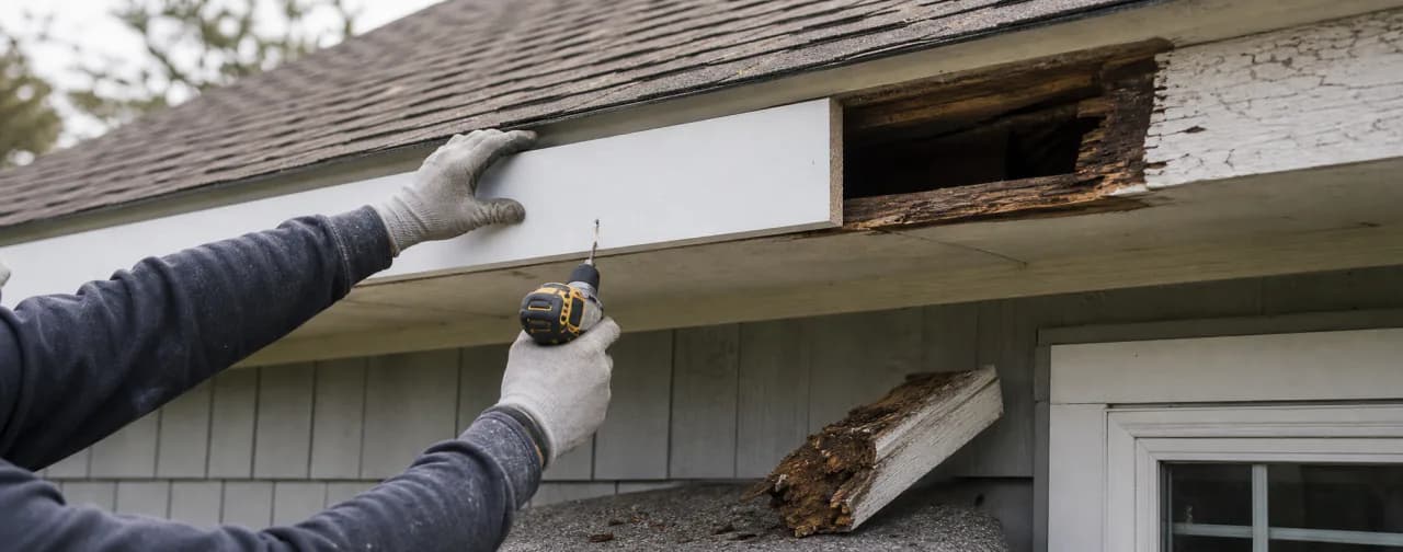 Technician installing a new fascia board next to a section of rotted wood exposed under the roofline
