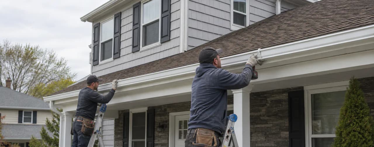 Two technicians on ladders installing new seamless gutters along the roofline of a two-story home