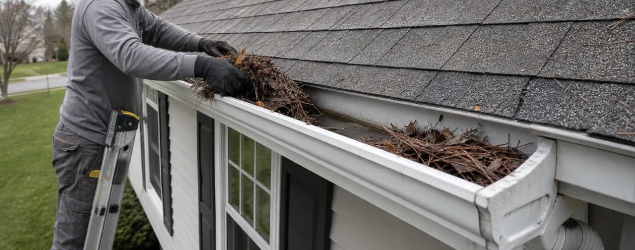 Technician on a ladder clearing wet leaves and debris out of a white gutter by hand