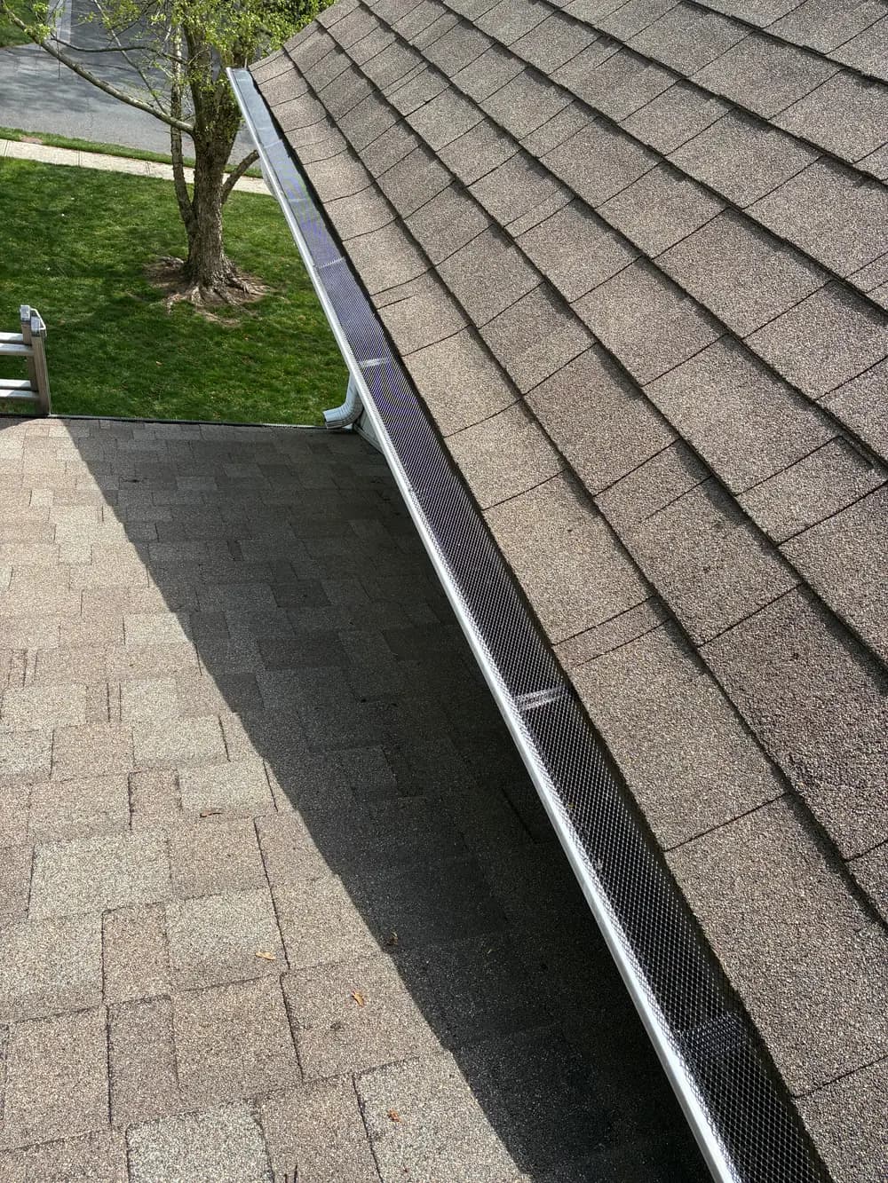 Mesh gutter guard running the length of a gutter set between two shingle roof planes