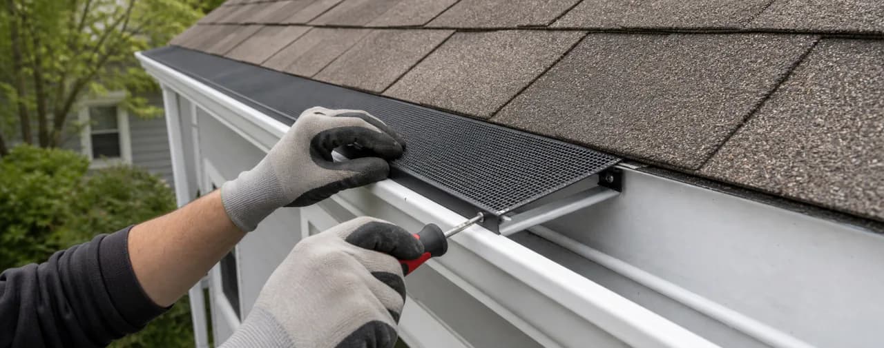Technician screwing a mesh gutter guard panel into place along a shingled roofline