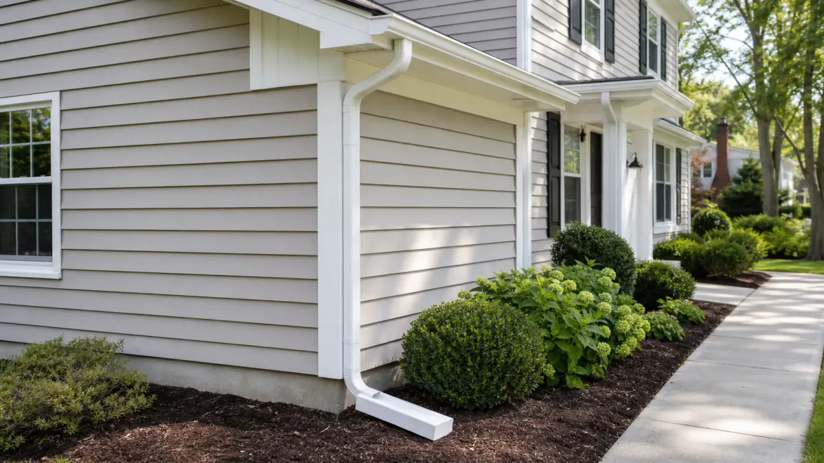 A house exterior with a clean white gutter and downspout running down the siding into a landscaped garden bed