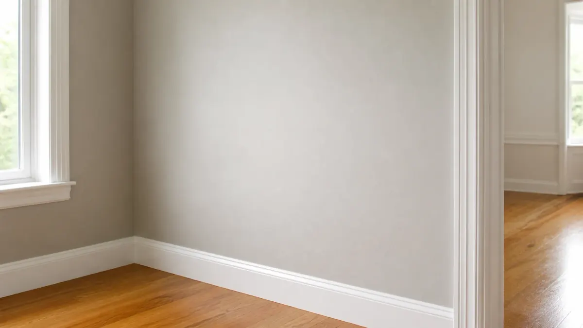 A freshly painted room corner with new white baseboard trim and hardwood flooring