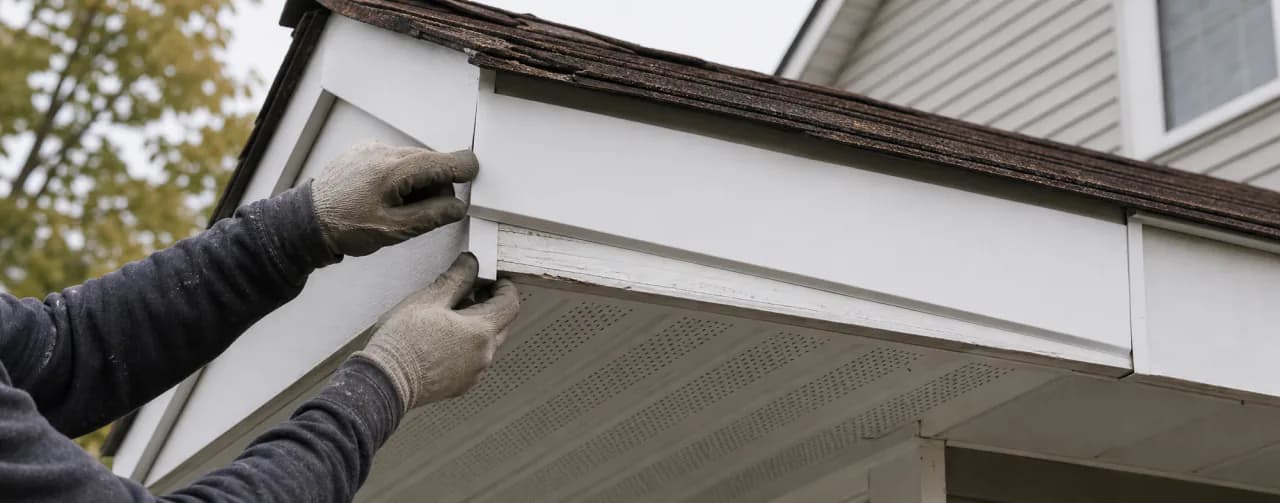 Technician fitting a new soffit and fascia panel under the eave of a roof gable