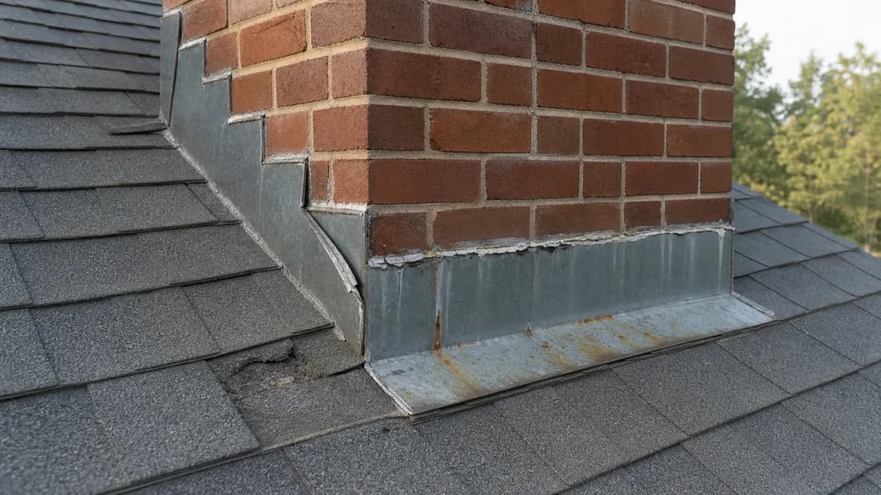Photo of deteriorated, rusted metal flashing around a brick chimney