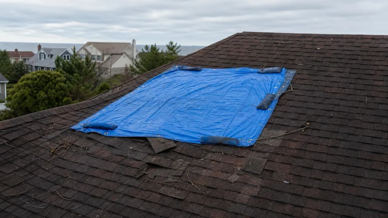 Photo of a residential roof with a blue emergency tarp covering storm damage