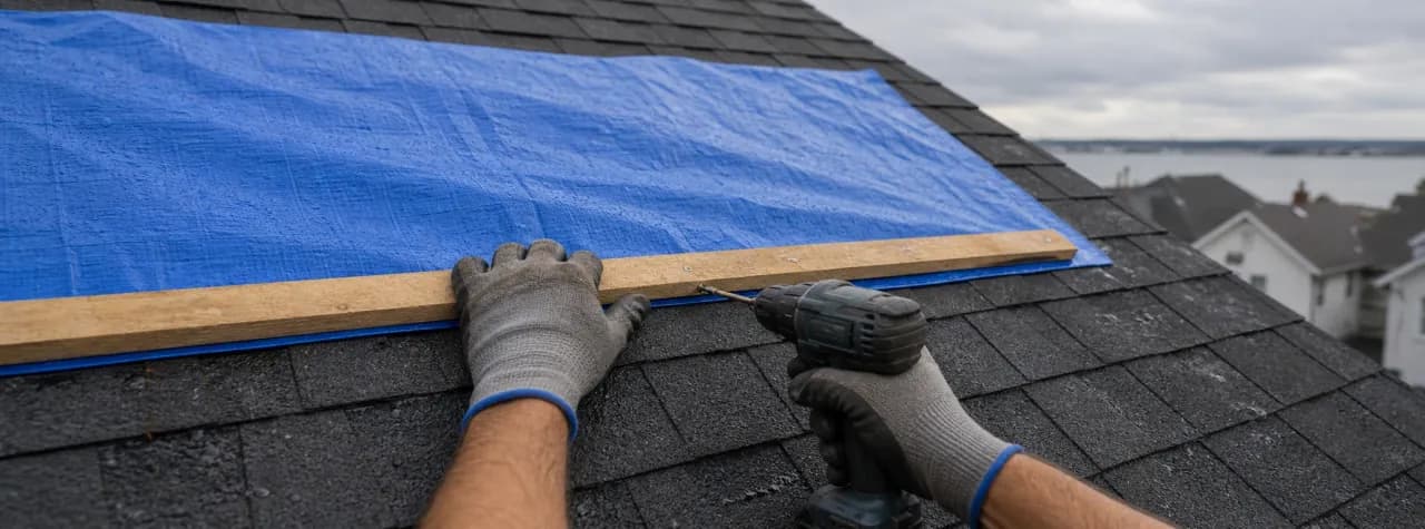 Gloved hands securing an emergency blue tarp to an asphalt-shingle roof