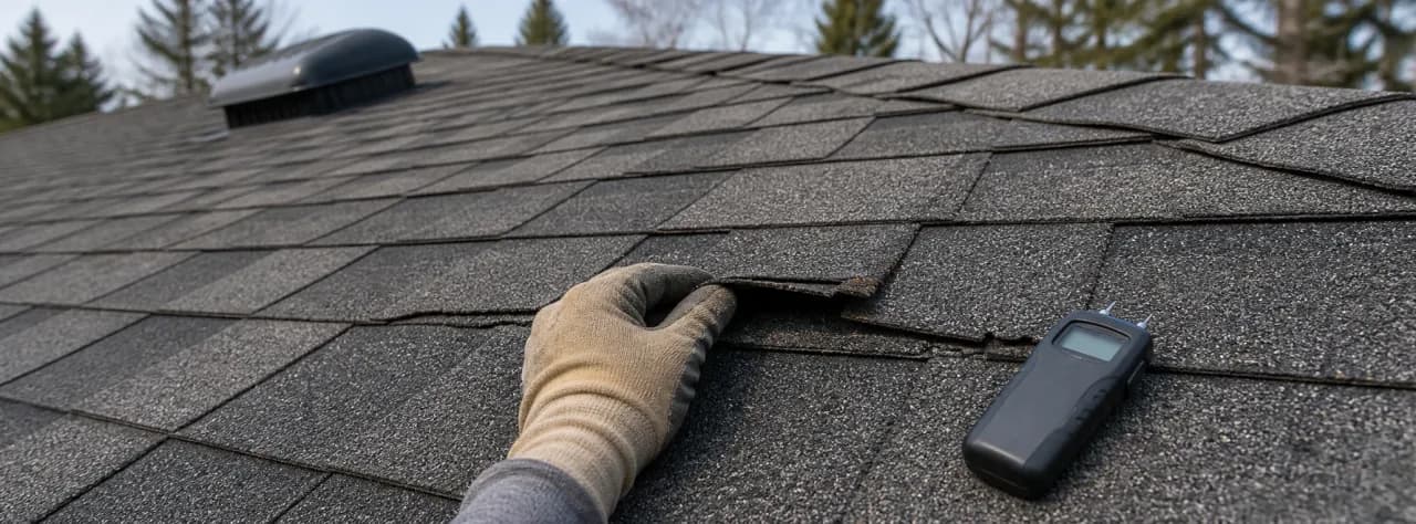 Roofing professional inspecting a lifted asphalt shingle with a moisture meter