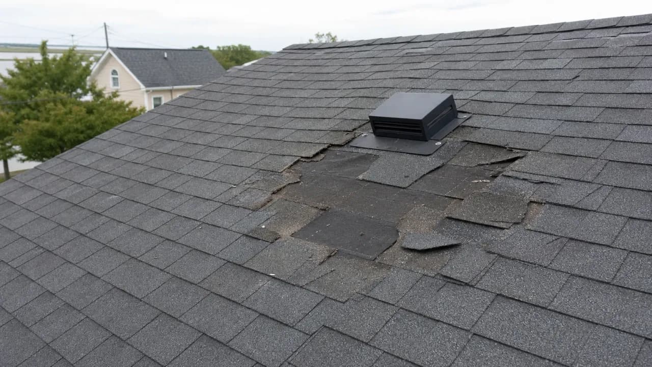 Photo of a residential roof section with damaged asphalt shingles before repair
