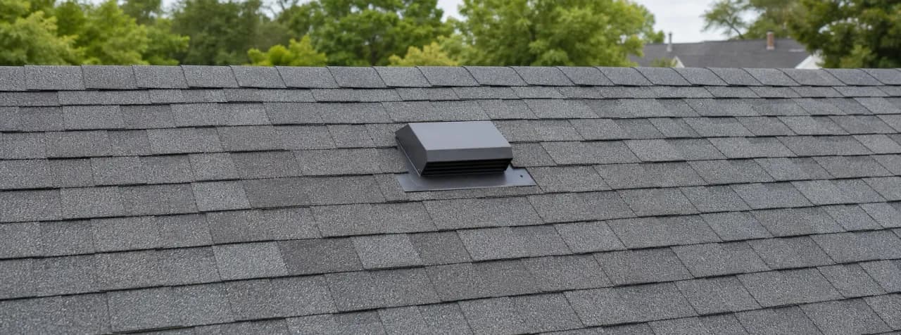 Completed asphalt-shingle roof repair surrounding a low-profile roof vent