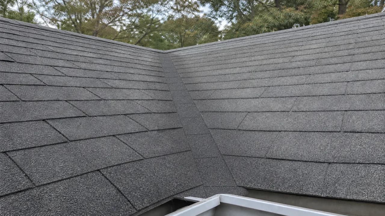 Photo of the same roof valley cleared of debris with shingles laying flat