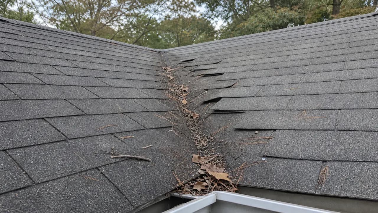 Photo of a roof valley clogged with leaves and debris, with lifted shingles